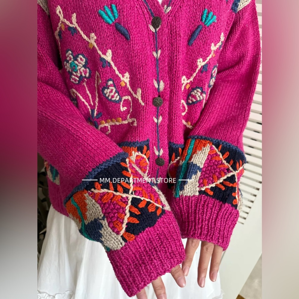 NWT Hand Knit Vintage style Silk Blend Patterned V-Neck Cardigan Size S - Picture 2 of 12